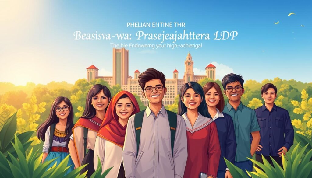 A vibrant, meticulously detailed illustration of the "Beasiswa Prasejahtera LPDP" scholarship program. In the foreground, a group of diverse, accomplished students stand proudly, their faces beaming with determination and gratitude. They are surrounded by a lush, verdant landscape, with towering university buildings in the middle ground and a clear, blue sky in the background. The lighting is warm and natural, casting a soft, golden glow over the entire scene. The composition is balanced and visually striking, drawing the viewer's attention to the central figures and highlighting the prestige and opportunity offered by this prestigious scholarship. Subtle, elegant flourishes such as swirling patterns or subtle iconography convey the program's emphasis on empowering underprivileged yet high-achieving individuals.