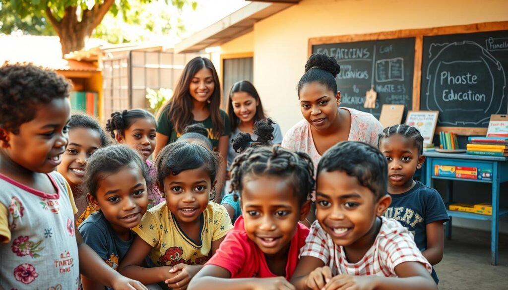 A vibrant outdoor scene showcasing a local education initiative. In the foreground, a group of enthusiastic children engaged in a hands-on learning activity, their faces alight with wonder and curiosity. In the middle ground, a team of community volunteers guiding the students, their expressions exuding a sense of purpose and dedication. The background features a well-equipped learning space, with colorful educational materials, books, and a chalkboard displaying the program's logo. The lighting is warm and natural, casting a inviting glow over the entire scene. The overall atmosphere conveys a spirit of collaboration, empowerment, and the transformative power of grassroots educational efforts.