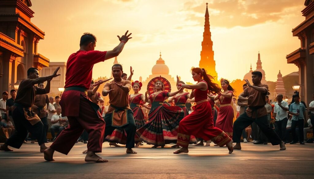 A vibrant performance of Pencak Silat, the traditional martial art of Indonesia, gracefully intertwines with the flowing movements of Jakarta's signature folk dance. In the foreground, skilled practitioners showcase the intricate techniques and powerful stances of Silat, their bodies in perfect harmony. The middle ground features a troupe of traditional dancers, their elaborate costumes swirling as they weave a mesmerizing routine. The background is adorned with iconic Jakarta landmarks, bathed in the warm glow of golden hour lighting, creating a sense of cultural immersion. The scene exudes a palpable energy, capturing the essence of the dynamic collaboration between these two pillars of Indonesian heritage.