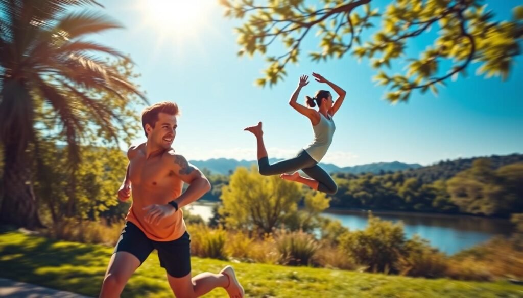 A vibrant, photorealistic image of two human figures engaged in dynamic physical activities, set against a backdrop of a serene, sun-dappled outdoor landscape. The foreground depicts a person running with an expression of focused determination, their muscles straining as they push forward. In the middle ground, another individual is performing a series of energetic yoga poses, their body gracefully contorted. The background features a lush, verdant setting with swaying trees, a calm body of water, and a clear blue sky overhead, conveying a sense of tranquility and rejuvenation. The lighting is soft and natural, highlighting the sculpted forms of the figures and the organic textures of the environment. The overall composition and mood evoke the synergistic benefits of physical exercise for both the heart and the mind.