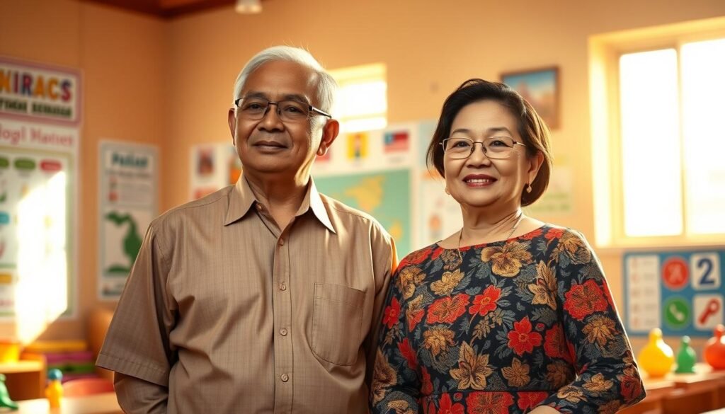 A vibrant portrait of Pak Kasur and Bu Kasur, pioneering figures in Indonesian preschool education. Set against a warm, inviting classroom backdrop, the couple stands side by side, radiating a sense of dedication and warmth. Pak Kasur, in a neatly pressed button-down shirt, and Bu Kasur, in a traditional Indonesian dress, gaze out with kind, thoughtful expressions. Sunlight streams in through large windows, casting a soft, golden glow over the scene. Colorful educational posters and toys fill the room, hinting at the pair's tireless efforts to nurture young minds. The overall mood is one of inspiration, celebrating the profound impact Pak Kasur and Bu Kasur have had on generations of Indonesian children.