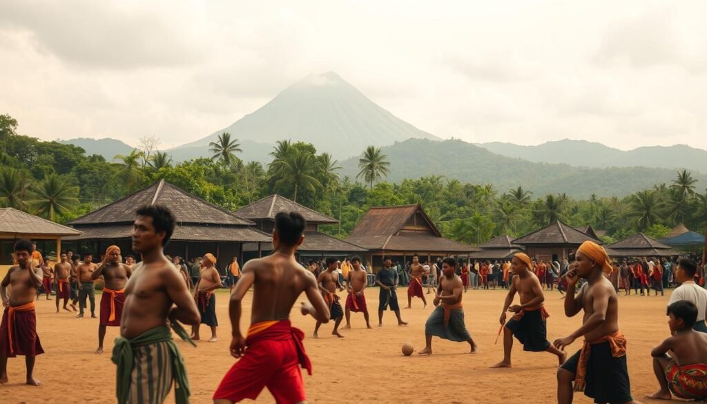 A vibrant scene depicting the rich history of traditional Indonesian sports. In the foreground, athletes in traditional garb engage in a variety of activities, from silat martial arts to ancient ball games. The middle ground showcases traditional wooden structures, perhaps a village square or community gathering place, where spectators observe the festivities. The background features lush, verdant landscapes, with towering mountains or volcanoes in the distance, conveying a sense of timeless cultural heritage. Warm, diffused lighting bathes the entire scene, creating a nostalgic, almost sepia-toned atmosphere that evokes the passage of generations. Captured with a wide-angle lens to provide a comprehensive view of this cultural tapestry.