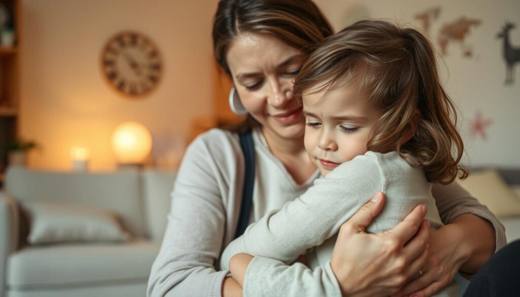 A warm, compassionate scene of a child victim of violence being comforted and supported during their recovery process. The foreground depicts a caring adult figure, perhaps a social worker or counselor, gently embracing the child with a nurturing expression. The middle ground shows a soothing, comfortable environment like a therapy room or safe space, with soft lighting and calming colors. In the background, subtle details hint at the child's journey, such as symbolic healing elements or signs of progress. The overall mood evokes a sense of empathy, safety, and the promise of healing.