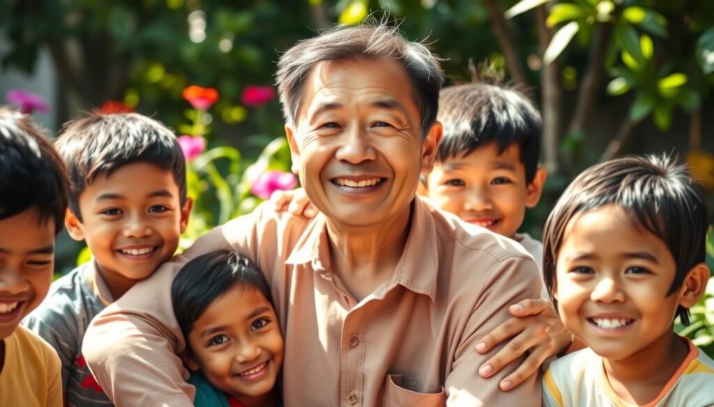 A warm, inviting portrait of Kak Seto, an Indonesian education advocate known for his compassionate work with children. Set against a backdrop of a vibrant, sun-dappled garden, Kak Seto is depicted in a relaxed, approachable pose, engaging with a group of smiling young students. His kind, gentle expression and casual attire convey a sense of accessibility and rapport. The lighting is soft and natural, highlighting the joyful, nurturing atmosphere. The composition places Kak Seto as the central focus, surrounded by the children, suggesting his role as a trusted friend and mentor. Overall, the image radiates a spirit of alternative education, where learning is facilitated through genuine connection and support.
