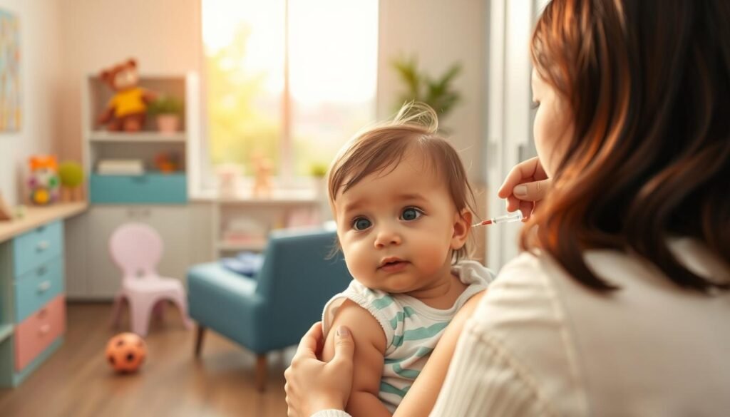 A warm, nurturing scene of a mother and child at a pediatric clinic. The foreground features the child, serene and trusting, as the mother gently administers an age-appropriate vaccine. The middle ground showcases a welcoming, vibrant clinic interior with colorful toys and calming decor, reflecting the care and comfort provided. The background depicts a tranquil, sun-dappled outdoor landscape, symbolizing the child's healthy future. Soft, diffused lighting casts a gentle glow, and the composition is balanced, with a sense of intimacy and connection between the subjects. The overall mood is one of reassurance, trust, and the importance of complete childhood immunization for mental and physical well-being.