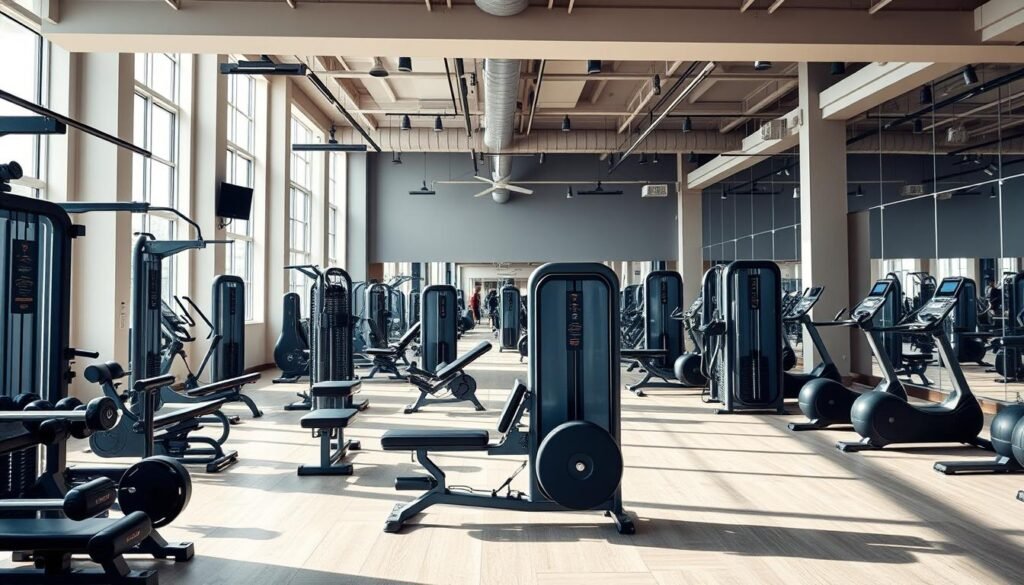 A well-equipped gym interior featuring an array of state-of-the-art fitness equipment. The foreground showcases a variety of free weights, resistance machines, and cardio machines in a sleek, modern design. The middle ground highlights a spacious workout area with high ceilings and ample natural lighting streaming in through large windows. The background depicts a clean, minimalist aesthetic with neutral-toned walls and floors, complemented by strategically placed mirrors to create an illusion of depth. The overall atmosphere conveys a sense of professionalism, inviting gym-goers to engage in a productive and rejuvenating workout experience.