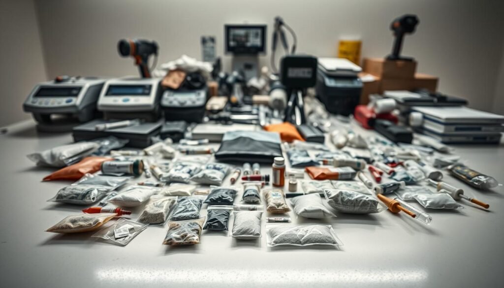 A well-lit, close-up scene showcasing an array of illicit narcotics and drug paraphernalia seized during a recent anti-drug operation. In the foreground, an assortment of plastic bags, vials, and small packages of various powdery substances are arranged neatly on a clean, reflective surface, casting subtle shadows. In the middle ground, a collection of digital scales, syringes, and other drug-related tools are displayed, highlighting the scale and sophistication of the criminal enterprise. The background is slightly blurred, but suggests a sterile, institutional setting, such as a police station or forensic laboratory, emphasizing the official, investigative nature of the scene. The overall lighting is bright and even, creating a sense of clarity and transparency, while the muted color palette conveys a sober, serious tone befitting the gravity of the subject matter.