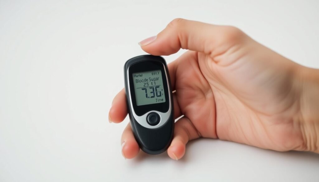A well-lit, close-up view of a person's hand holding a glucose meter with a digital display showing blood sugar levels. The meter is placed on a clean, white surface, with a backdrop of a light, muted color that creates a calm and clinical atmosphere. The hand is gently holding the meter, conveying a sense of care and attention to the task of monitoring blood sugar. The lighting is soft and even, highlighting the details of the meter and the hand. The overall composition emphasizes the importance of daily glucose management for individuals with diabetes.