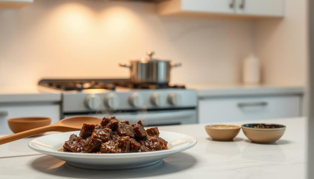 A well-lit kitchen counter with a plate of freshly reheated beef stew, steam gently rising from the surface. The plate is positioned in the foreground, with a wooden spoon and a small bowl of herbs or spices nearby, suggesting the steps involved in the reheating process. In the middle ground, a saucepan or pot simmers on the stovetop, casting a warm glow. The background features clean, minimalist cabinets and appliances, creating a sense of order and cleanliness. The overall mood is one of simple, efficient food preparation, with an emphasis on the safe and effective reheating of the dish.
