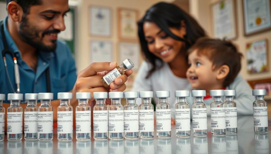 A well-lit scene depicting a parent carefully considering vaccine options for their child. In the foreground, a parent holds a vaccine vial, examining it closely. The child sits nearby, looking up at the parent with trust. The middle ground shows a neatly organized array of different vaccine vials, each with clear labels. The background features a warm, inviting doctor's office setting, with medical charts and certificates on the walls, conveying a sense of professionalism and care. Soft, natural lighting illuminates the scene, creating a calm, thoughtful atmosphere as the parent makes this important decision for their child's health.