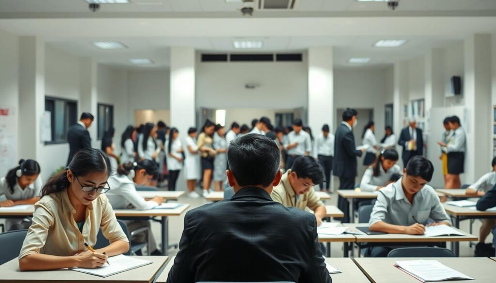 A well-lit scene depicting the national teacher selection process. In the foreground, a group of candidates sit at desks, focused on written exams, with authoritative figures observing. The middle ground shows an orderly queue of applicants undergoing document verification and interviews, while the background features a modern educational institution with clean lines and an air of professionalism. The overall atmosphere conveys a sense of rigor, fairness, and the high standards required to join the esteemed teaching profession.
