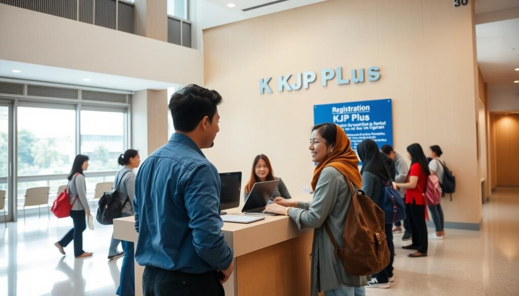 A well-lit scene of an official-looking registration desk for the "KJP Plus" educational assistance program in Jakarta, Indonesia. The desk is situated in a clean, modern public building with large windows letting in natural light. A friendly staff member is assisting a parent or student in the foreground, while others wait in line behind them. The atmosphere is professional yet welcoming, conveying the importance and accessibility of this valuable educational support service.