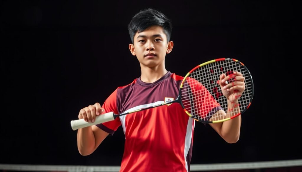 A young Indonesian badminton player, a "tunggal putra u-17" champion, stands in the center of the frame, holding a badminton racket with a determined expression. The player is clad in a vibrant team uniform, capturing the spirit of national pride. The background is blurred, focusing the viewer's attention on the athlete's dynamic pose, conveyed through carefully positioned limbs and a sense of motion. Soft, directional lighting casts dramatic shadows, accentuating the player's muscular build and athletic prowess. The overall composition and mood evoke a sense of triumph and achievement, reflecting the section title "Atlet RI Kejutan di Jaya Raya Junior Grand Prix".