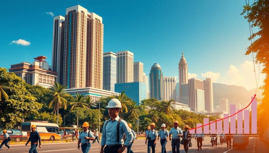 Detailed rendering of Indonesia's economic challenges and opportunities. A dynamic cityscape with modern high-rises and lush greenery in the background, framed by a clear blue sky. In the foreground, workers in hard hats and business attire navigate the bustling streets, symbolizing the diverse workforce powering the nation's economic growth. Subtle infographic elements highlight key economic indicators, creating an informative yet visually striking composition. Warm, natural lighting and a sense of optimism permeate the scene, reflecting the resilience and potential of Indonesia's evolving socioeconomic landscape.