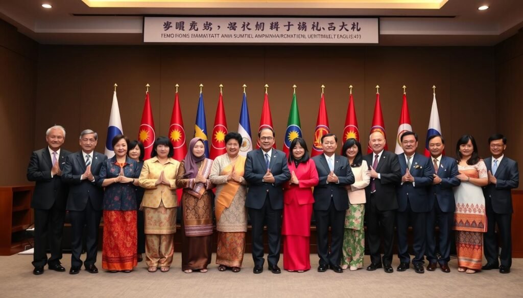 Pemimpin negara-negara ASEAN berjabat tangan dalam pertemuan puncak Pemimpin negara-negara ASEAN berjabat tangan dalam pertemuan puncak