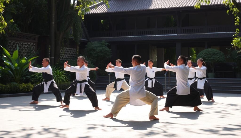 Perkembangan Pencak Silat Jakarta: a dynamic martial arts showcase in the heart of the city. A group of skilled practitioners perform intricate forms, their bodies in harmonious motion amidst a backdrop of lush greenery and traditional architectural elements. Sunlight dapples the scene, casting dramatic shadows and highlighting the graceful, fluid movements. The atmosphere exudes a sense of cultural heritage, discipline, and community, capturing the essence of this living tradition in the vibrant capital of Indonesia.