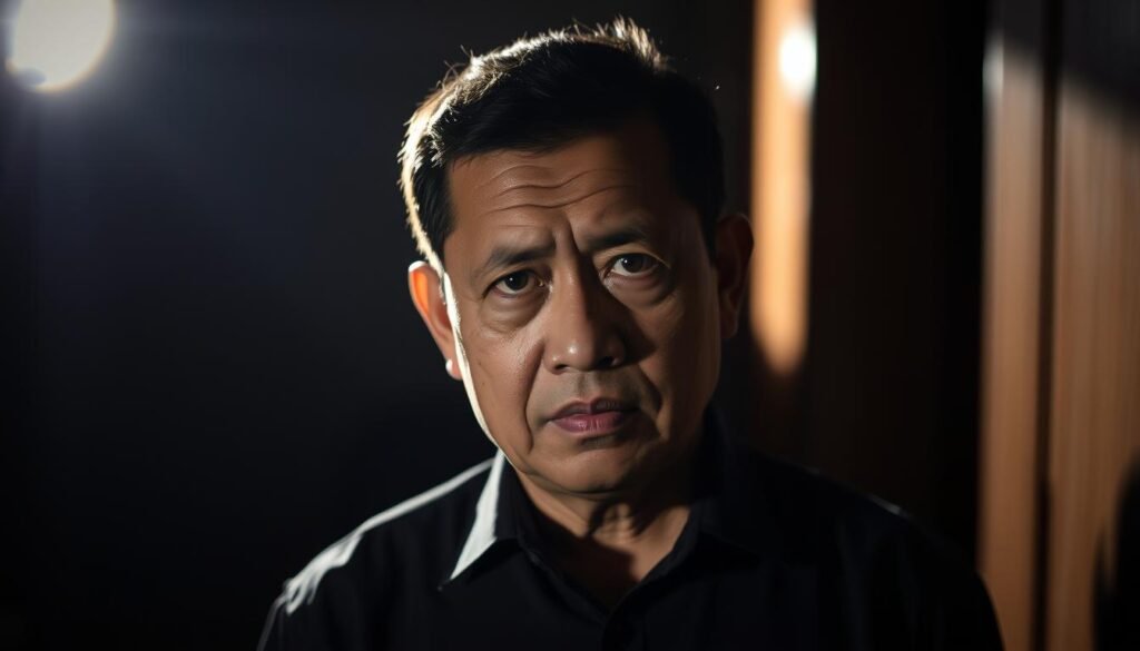 Portrait of Gibran Rakabuming Raka, the mayor of Solo, Indonesia, captured in a pensive moment. He stands in a dimly lit room, his features partially obscured by shadows, conveying a sense of introspection and unease. The lighting is dramatic, casting sharp contrasts and emphasizing the subject's intense gaze. The background is blurred, creating a sense of isolation and focus on the central figure. The image suggests the weight of political scrutiny and the complexities of public office, alluding to the discourse surrounding his potential impeachment.