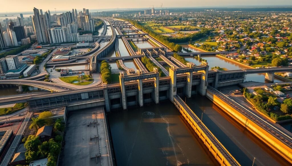 Prompt A detailed aerial view of Jakarta's flood control system, showcasing the intricate network of sluice gates, canals, and water pumps that work in harmony to manage the city's complex hydrology. The foreground features the iconic Pintu Air floodgates, their massive steel structures standing tall against the backdrop of the Jakarta skyline. The midground reveals a maze of waterways and drainage channels, while the distant background is dotted with lush green spaces and residential neighborhoods. The scene is bathed in warm, golden lighting, conveying a sense of functionality and efficiency in Jakarta's ongoing battle against floods.