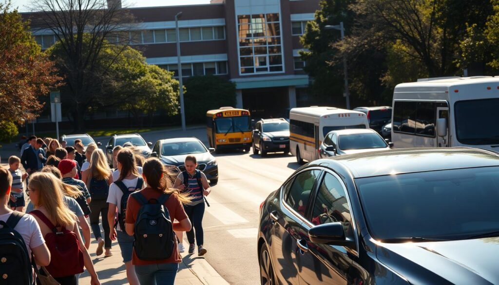 a busy school traffic scene on a sunny morning, captured from a high angle with a wide-angle lens. In the foreground, a crowd of students hurrying along the sidewalks, backpacks and schoolbags in hand. In the middle ground, a line of cars and buses crawling slowly through the intersection, their drivers focused on navigating the congestion. In the background, the school building stands tall, its windows glinting in the morning light. The scene conveys a sense of hustle and bustle, with a hint of frustration as the traffic slows the students' progress. The lighting is warm and natural, casting long shadows across the scene.