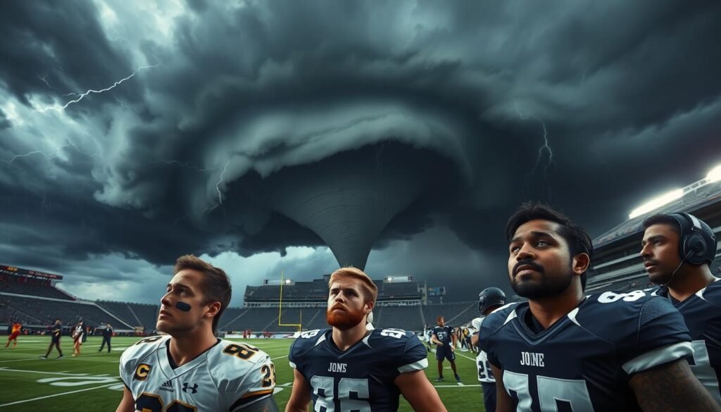 a dramatic scene of extreme weather conditions during a sporting event, captured with a wide-angle lens to showcase the intense atmosphere. In the foreground, athletes brace against the elements, their expressions filled with a mix of determination and concern. The middle ground features ominous dark clouds, swirling winds, and the beginnings of a tornado touchdown. In the background, the stadium stands empty, as the event has been suspended due to the dangerous conditions. The scene is lit by flashes of lightning, casting dramatic shadows and highlights across the figures and environment. The overall mood is one of suspense, power, and the humbling force of nature in the face of human endeavors.