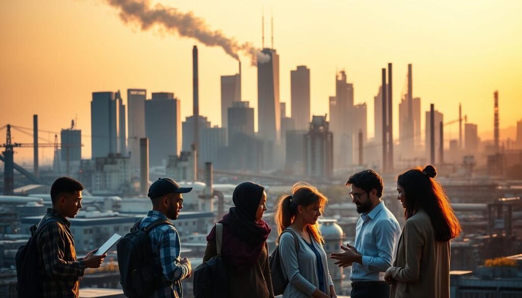 A bustling industrial city skyline, with towering skyscrapers and factories in the background, silhouetted against a warm, golden-hour sky. In the foreground, a diverse group of computer science graduates explore the latest technologies at a prominent tech company, collaborating on complex projects and discussing emerging industry trends. The scene exudes a sense of innovation, progress, and the boundless opportunities available to those with expertise in computer systems. The lighting is soft and directional, casting long shadows and highlighting the dynamic energy of the workplace. The composition emphasizes the harmonious integration of industry and academia, showcasing the pivotal role that skilled computer science professionals play in driving the digital revolution.