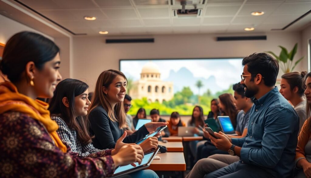 A classroom filled with engaged students, their faces aglow with the light of digital devices. In the foreground, a teacher gestures animatedly, guiding them through an interactive Arabic language lesson. The middle ground features a vibrant display of language-learning apps, virtual whiteboards, and collaborative tools. In the background, a serene scene of futuristic architecture and lush greenery, symbolizing the harmony between ancient language and modern technology. Warm, diffused lighting creates a sense of warmth and inspiration, as the students lean in, captivated by the boundless possibilities of technology-enhanced Arabic language learning.