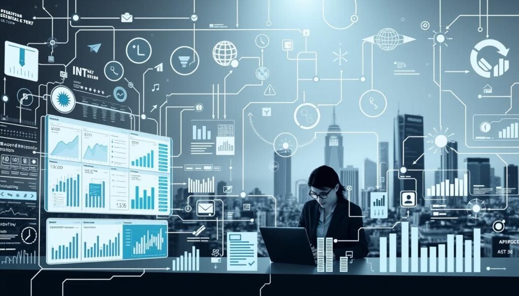 A complex and intricate system of financial data analysis, displayed through a sleek and modern interface. In the foreground, a stylized dashboard showcases various charts, graphs, and visualizations, highlighting key performance indicators and financial insights. The middle ground features a trio of professionals collaborating over laptops, immersed in the digital ecosystem of the information system. In the background, a muted cityscape provides a sense of scale and context, emphasizing the system's integration with the broader business landscape. Soft, directional lighting illuminates the scene, creating a sense of depth and focus. The overall atmosphere conveys a balance of technological sophistication and financial acumen, reflecting the convergence of information technology and financial processes.