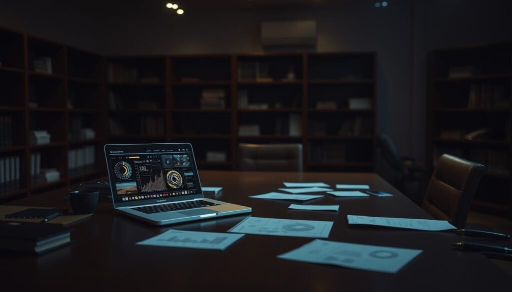 A dimly lit office space, with a large desk at the center. On the desk, a laptop displays intricate statistical visualizations, charts, and graphs. Shelves in the background hold books and binders, hinting at the analytical work being done. Soft lighting casts a warm glow, creating a contemplative atmosphere. The scene conveys a sense of focused, data-driven decision-making, perfect for illustrating the "Statistika dan Ilmu Data: Analitik untuk Keputusan Keuangan" section of the article.