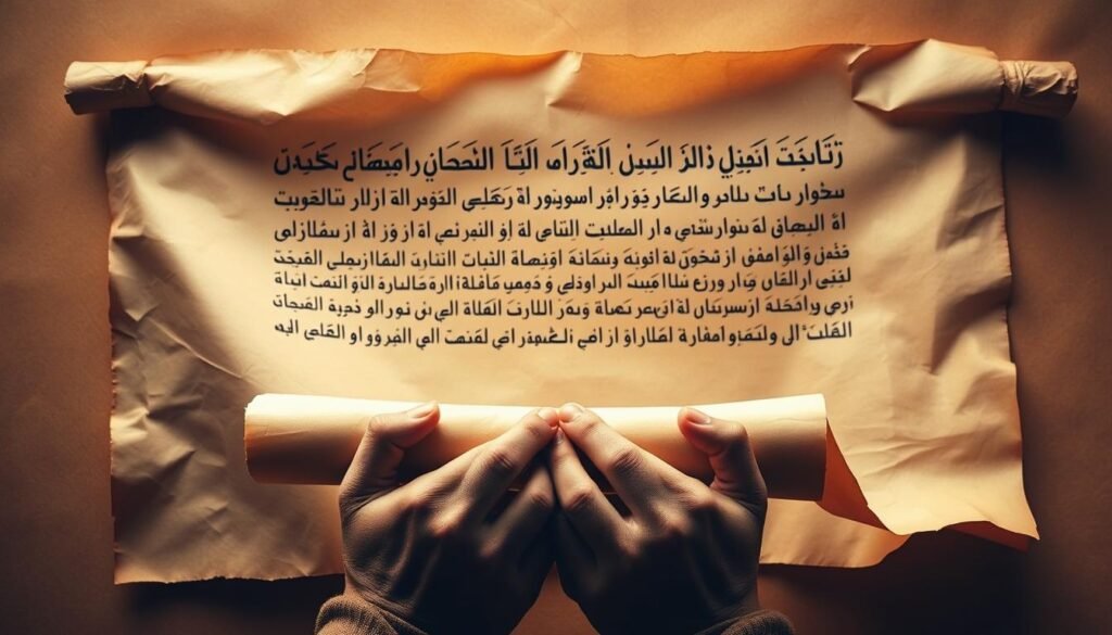 A majestic, hand-written parchment scroll unfurling against a warm, sepia-toned backdrop, illuminated by soft, natural lighting. The calligraphic text is written in flowing, elegant Arabic script, representing the text of a revered hadith - a sacred tradition and teaching of the Prophet Muhammad. The parchment is aged and textured, conveying a sense of timeless wisdom and reverence. In the middle ground, a pair of weathered, scholarly hands gently hold the scroll, symbolizing the careful preservation and transmission of this profound knowledge. The overall composition evokes a reverent, contemplative atmosphere, befitting the significance of the "Metode Penerimaan Hadits" (Hadith Transmission Methodology) within the broader study of Hadith Riwayah and Dirayah.