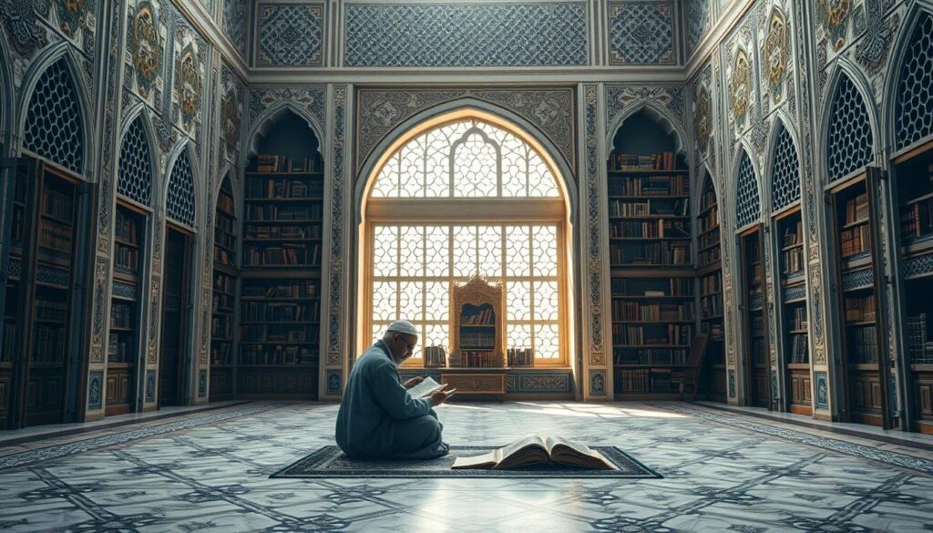 A serene Arabic-style courtyard, with intricate geometric patterns adorning the walls and floors. In the foreground, a scholar in traditional robes sits cross-legged, studying ancient scrolls and manuscripts. Soft, warm lighting filters through latticed windows, casting a contemplative atmosphere. In the background, towering bookshelves line the walls, housing a vast collection of Islamic texts and scriptures. The scene conveys the depth and influence of Hadith teachings within the framework of Islamic jurisprudence.