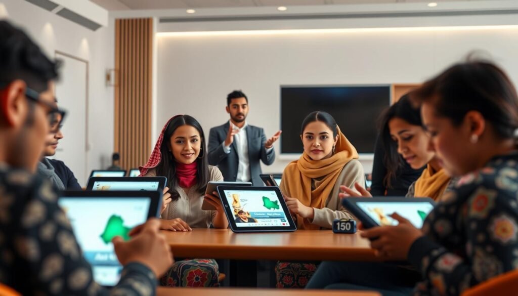 A vibrant, modern e-learning classroom for Arabic language instruction. In the foreground, a group of diverse students engaged in interactive digital lessons, their faces aglow with the soft light of their tablet screens. In the middle ground, an elegant virtual instructor gestures animatedly, guiding the lesson with a blend of traditional pedagogy and cutting-edge technology. The background features a stylish, minimalist virtual environment, with clean lines, muted tones, and subtle decorative elements that evoke the rich cultural heritage of the Arabic world. Crisp, high-resolution rendering with a cinematic depth of field, conveying a sense of immersion and the seamless integration of digital and physical learning spaces.