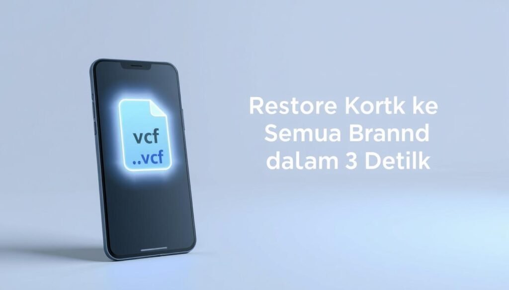 A modern, minimalist scene depicting the process of restoring contacts from a .vcf file. In the foreground, a sleek smartphone screen displays a smooth, seamless contact restoration animation, with contacts effortlessly populating the address book. The middle ground features a stylized .vcf file icon, its edges glowing with a soft, ambient light. The background is a clean, monochromatic gradient, creating a sense of focus and simplicity. The overall composition conveys a feeling of efficiency, ease, and technological proficiency, reflecting the section title "Restore Kontak ke Semua Brand dalam 3 Detik". A modern, minimalist scene depicting the process of restoring contacts from a .vcf file. In the foreground, a sleek smartphone screen displays a smooth, seamless contact restoration animation, with contacts effortlessly populating the address book. The middle ground features a stylized .vcf file icon, its edges glowing with a soft, ambient light. The background is a clean, monochromatic gradient, creating a sense of focus and simplicity. The overall composition conveys a feeling of efficiency, ease, and technological proficiency, reflecting the section title "Restore Kontak ke Semua Brand dalam 3 Detik".