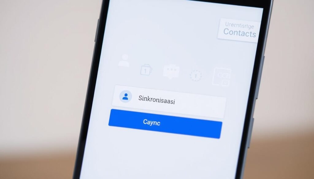 A modern smartphone screen displaying the Google Contacts app, with a user interface focused on the "Sync" or "Sinkronisasi" function. The screen shows a clean, minimalist design with intuitive icons and smooth transitions, reflecting the seamless experience of synchronizing contacts across multiple devices. The background is softly blurred, keeping the user's attention on the central app interface. The overall tone is one of efficiency, simplicity, and technological advancement, conveying the ease and convenience of the contact management process. A modern smartphone screen displaying the Google Contacts app, with a user interface focused on the "Sync" or "Sinkronisasi" function. The screen shows a clean, minimalist design with intuitive icons and smooth transitions, reflecting the seamless experience of synchronizing contacts across multiple devices. The background is softly blurred, keeping the user's attention on the central app interface. The overall tone is one of efficiency, simplicity, and technological advancement, conveying the ease and convenience of the contact management process.