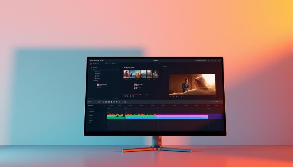 A professional, high-quality Adobe Premiere Pro software interface shown in a 3D-rendered scene. The interface is prominently displayed, with a clean and intuitive layout showcasing its powerful video editing tools and multi-track timeline capabilities. The scene is illuminated by warm, directional lighting, casting subtle shadows and highlights that accentuate the software's sleek design. The background is a minimalist, gradient-based environment, providing a clean and uncluttered backdrop to focus attention on the Premiere Pro interface. The overall mood is one of sophistication, efficiency, and the creative potential of this industry-leading video editing application. A professional, high-quality Adobe Premiere Pro software interface shown in a 3D-rendered scene. The interface is prominently displayed, with a clean and intuitive layout showcasing its powerful video editing tools and multi-track timeline capabilities. The scene is illuminated by warm, directional lighting, casting subtle shadows and highlights that accentuate the software's sleek design. The background is a minimalist, gradient-based environment, providing a clean and uncluttered backdrop to focus attention on the Premiere Pro interface. The overall mood is one of sophistication, efficiency, and the creative potential of this industry-leading video editing application.