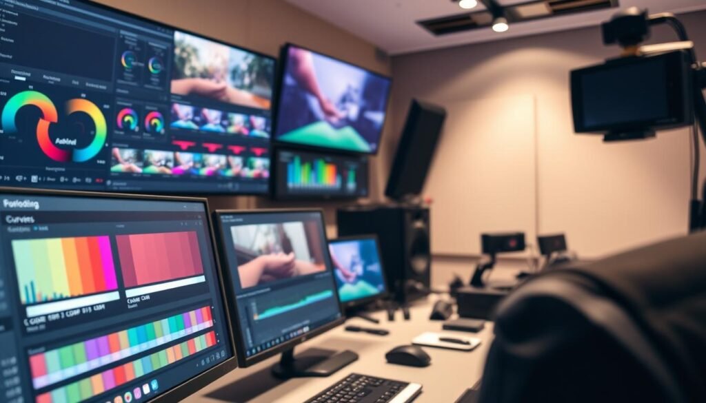 A professional video editing suite with a multi-track timeline, showcasing the color grading process. In the foreground, a computer screen displays color wheels, curves, and other color adjustment tools. The middle ground features an ergonomic desk setup with a high-resolution monitor, a powerful workstation, and various input devices. The background depicts a well-lit, modern studio environment with neutral-toned walls, providing ample space for creative work. The lighting is balanced, creating a warm and focused atmosphere, highlighting the attention to detail and professionalism required for color grading. The overall scene conveys the expertise and technical capabilities needed to achieve professional-quality video production. A professional video editing suite with a multi-track timeline, showcasing the color grading process. In the foreground, a computer screen displays color wheels, curves, and other color adjustment tools. The middle ground features an ergonomic desk setup with a high-resolution monitor, a powerful workstation, and various input devices. The background depicts a well-lit, modern studio environment with neutral-toned walls, providing ample space for creative work. The lighting is balanced, creating a warm and focused atmosphere, highlighting the attention to detail and professionalism required for color grading. The overall scene conveys the expertise and technical capabilities needed to achieve professional-quality video production.