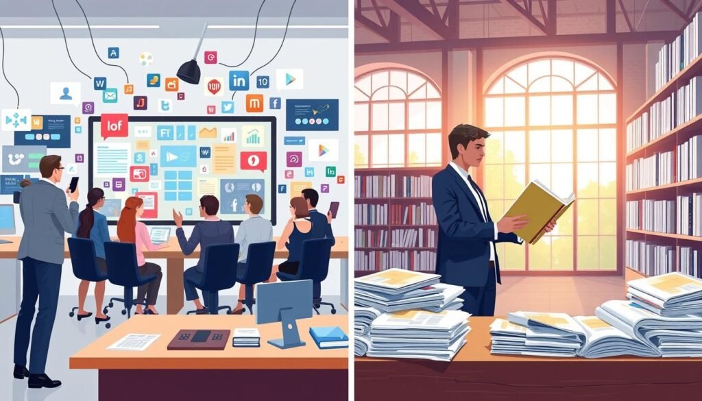 A split-scene illustration depicting the contrast between media convergence and divergence. On the left, showcase media convergence: a bustling digital workspace with diverse professionals in smart attire collaborating around a large screen displaying multiple media platforms merging together—websites, social media icons, and video feeds. Use bright lighting to convey energy and innovation. On the right, represent media divergence: a serene library setting with a single individual, dressed in business casual, reading a physical book while surrounded by printed media like newspapers and magazines. The background should feature the warmth of natural light streaming through large windows, symbolizing a return to traditional media sources. The overall mood should contrast a dynamic, vibrant atmosphere with a calm, reflective space, emphasizing the duality of modern media. A split-scene illustration depicting the contrast between media convergence and divergence. On the left, showcase media convergence: a bustling digital workspace with diverse professionals in smart attire collaborating around a large screen displaying multiple media platforms merging together—websites, social media icons, and video feeds. Use bright lighting to convey energy and innovation. On the right, represent media divergence: a serene library setting with a single individual, dressed in business casual, reading a physical book while surrounded by printed media like newspapers and magazines. The background should feature the warmth of natural light streaming through large windows, symbolizing a return to traditional media sources. The overall mood should contrast a dynamic, vibrant atmosphere with a calm, reflective space, emphasizing the duality of modern media.