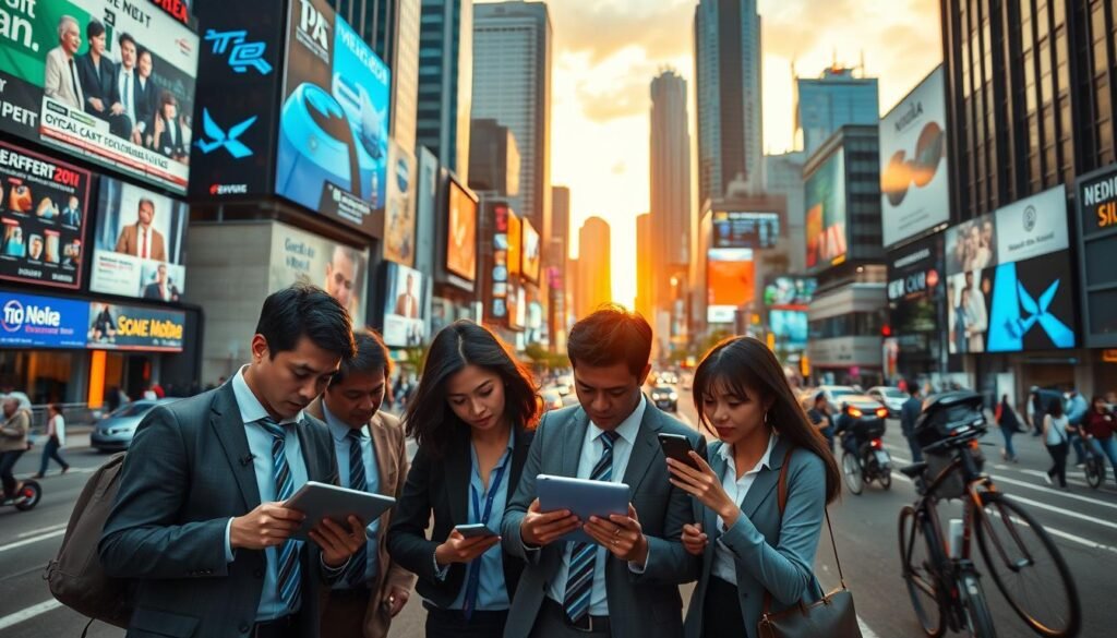 A vibrant urban scene in Jakarta, Indonesia, showcasing the impact of media divergence. In the foreground, a diverse group of professionals in business attire is engaged in deep discussion, analyzing digital devices like tablets and laptops, surrounded by visual elements of social media and news graphics. The middle ground features a bustling street with digital billboards displaying various media formats and advertisements. The background reveals a skyline dotted with modern skyscrapers, bathed in warm golden hour light. The atmosphere is dynamic and energetic, illustrating the fast-paced evolution of digital media. The scene is viewed from a slightly elevated angle, capturing the action and context, creating an inspiring and thought-provoking visual narrative of Indonesia’s media landscape. A vibrant urban scene in Jakarta, Indonesia, showcasing the impact of media divergence. In the foreground, a diverse group of professionals in business attire is engaged in deep discussion, analyzing digital devices like tablets and laptops, surrounded by visual elements of social media and news graphics. The middle ground features a bustling street with digital billboards displaying various media formats and advertisements. The background reveals a skyline dotted with modern skyscrapers, bathed in warm golden hour light. The atmosphere is dynamic and energetic, illustrating the fast-paced evolution of digital media. The scene is viewed from a slightly elevated angle, capturing the action and context, creating an inspiring and thought-provoking visual narrative of Indonesia’s media landscape.
