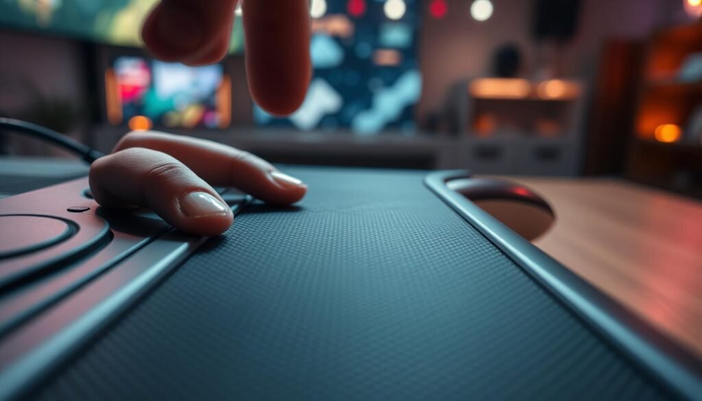 A close-up of a Steam Deck touchpad, featuring a sleek and modern design. The foreground highlights the touchpad's textured surface, with fingers gently hovering above it, suggesting interactivity. The middle layer includes the distinctive rounded edges of the Steam Deck console, subtly blending with the surrounding elements. The background showcases a blurred gaming environment, illuminated by soft, diffused lighting to create an inviting atmosphere. The overall mood is vibrant and tech-savvy, emphasizing the innovative nature of the device. The angle captures the touchpad slightly from above, allowing viewers to appreciate its ergonomic design and functionality. No text or logos are present in the image. A close-up of a Steam Deck touchpad, featuring a sleek and modern design. The foreground highlights the touchpad's textured surface, with fingers gently hovering above it, suggesting interactivity. The middle layer includes the distinctive rounded edges of the Steam Deck console, subtly blending with the surrounding elements. The background showcases a blurred gaming environment, illuminated by soft, diffused lighting to create an inviting atmosphere. The overall mood is vibrant and tech-savvy, emphasizing the innovative nature of the device. The angle captures the touchpad slightly from above, allowing viewers to appreciate its ergonomic design and functionality. No text or logos are present in the image.