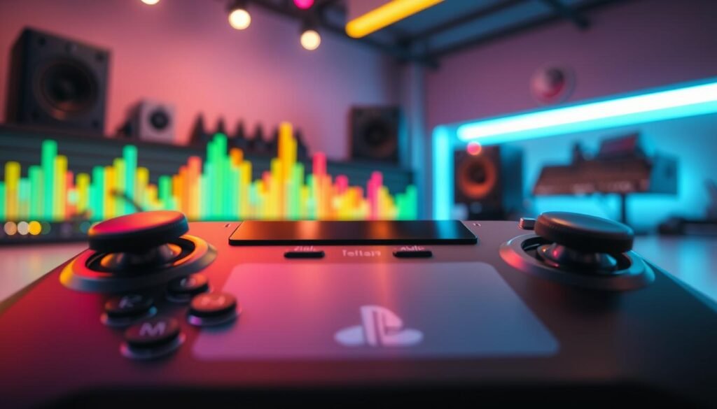 A close-up view of a modern game controller, specifically the DualSense, designed to resemble a MIDI controller for live looping. The controller fills the foreground, with its sleek lines, glowing buttons, and a dynamic touchpad prominently displayed. In the middle ground, there are colorful sound waveforms and various audio elements artistically arranged to suggest sound design and looping. The background features a softly blurred music studio with lights dimmed and vibrant LED strips, creating an immersive ambiance. The lighting casts a warm glow over the scene, highlighting the textures of the controller. The overall mood is innovative and creative, reflecting a fusion of technology and music. A close-up view of a modern game controller, specifically the DualSense, designed to resemble a MIDI controller for live looping. The controller fills the foreground, with its sleek lines, glowing buttons, and a dynamic touchpad prominently displayed. In the middle ground, there are colorful sound waveforms and various audio elements artistically arranged to suggest sound design and looping. The background features a softly blurred music studio with lights dimmed and vibrant LED strips, creating an immersive ambiance. The lighting casts a warm glow over the scene, highlighting the textures of the controller. The overall mood is innovative and creative, reflecting a fusion of technology and music.