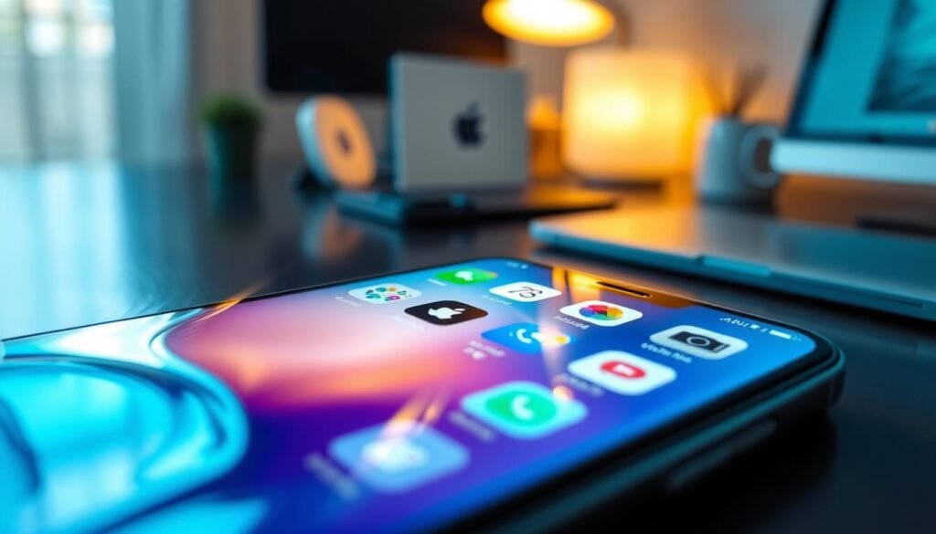 A close-up view of a "Liquid Glass" inspired user interface displayed on a locked iPhone screen, featuring a sleek, minimalist design that illustrates the elegant and futuristic aesthetic of Apple. In the foreground, delicate light reflections dance across the glossy surface of the phone, emphasizing its transparency and fluidity. The middle ground showcases the home screen with vibrant app icons, subtly illuminated by soft, ambient lighting that creates an inviting atmosphere. In the background, a softly blurred workspace hints at technology and creativity, incorporating elements like a modern desk, subtle Apple products, and warm lighting to convey a sophisticated, professional mood. The scene captures the essence of enhanced user experience across the Apple ecosystem. A close-up view of a "Liquid Glass" inspired user interface displayed on a locked iPhone screen, featuring a sleek, minimalist design that illustrates the elegant and futuristic aesthetic of Apple. In the foreground, delicate light reflections dance across the glossy surface of the phone, emphasizing its transparency and fluidity. The middle ground showcases the home screen with vibrant app icons, subtly illuminated by soft, ambient lighting that creates an inviting atmosphere. In the background, a softly blurred workspace hints at technology and creativity, incorporating elements like a modern desk, subtle Apple products, and warm lighting to convey a sophisticated, professional mood. The scene captures the essence of enhanced user experience across the Apple ecosystem.