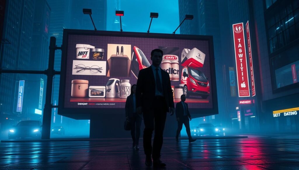 A dark, tech-inspired digital art scene depicting the concept of malvertising. In the foreground, a large, ominous advertisement billboard flickers, showcasing distorted images of common products, symbolizing danger. The middle layer features shadowy silhouettes of people cautiously approaching the ad, dressed in professional business attire, their expressions a mix of curiosity and concern. The background reveals a cityscape at night, shrouded in a blueish haze with neon lights reflecting off wet pavement, adding a sense of urgency. The lighting is dramatic, highlighting the contrasts between light and shadow, evoking a sense of unease. Capture an eerie atmosphere, emphasizing the hidden threats of deceptive online advertisements and the potential invasion of privacy. Avoid clutter and keep the focus on the central theme of malvertising. A dark, tech-inspired digital art scene depicting the concept of malvertising. In the foreground, a large, ominous advertisement billboard flickers, showcasing distorted images of common products, symbolizing danger. The middle layer features shadowy silhouettes of people cautiously approaching the ad, dressed in professional business attire, their expressions a mix of curiosity and concern. The background reveals a cityscape at night, shrouded in a blueish haze with neon lights reflecting off wet pavement, adding a sense of urgency. The lighting is dramatic, highlighting the contrasts between light and shadow, evoking a sense of unease. Capture an eerie atmosphere, emphasizing the hidden threats of deceptive online advertisements and the potential invasion of privacy. Avoid clutter and keep the focus on the central theme of malvertising.