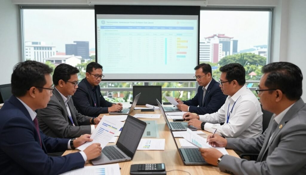 A detailed scene showcasing the budget allocation for local elections in Surabaya, East Java. In the foreground, a group of serious, professional individuals in business attire reviews financial documents and charts, surrounded by laptops and calculators. The middle ground features a large, modern office space with a meeting table covered in papers and a projected presentation displaying budget statistics and public response data. The background reveals a cityscape of Surabaya, with recognizable landmarks like the iconic Tunjungan Plaza. Bright, natural lighting floods the room, emphasizing the analytical atmosphere and urgency. The image should evoke a sense of seriousness and responsibility, reflecting public concern about election spending, as well as strong community engagement.