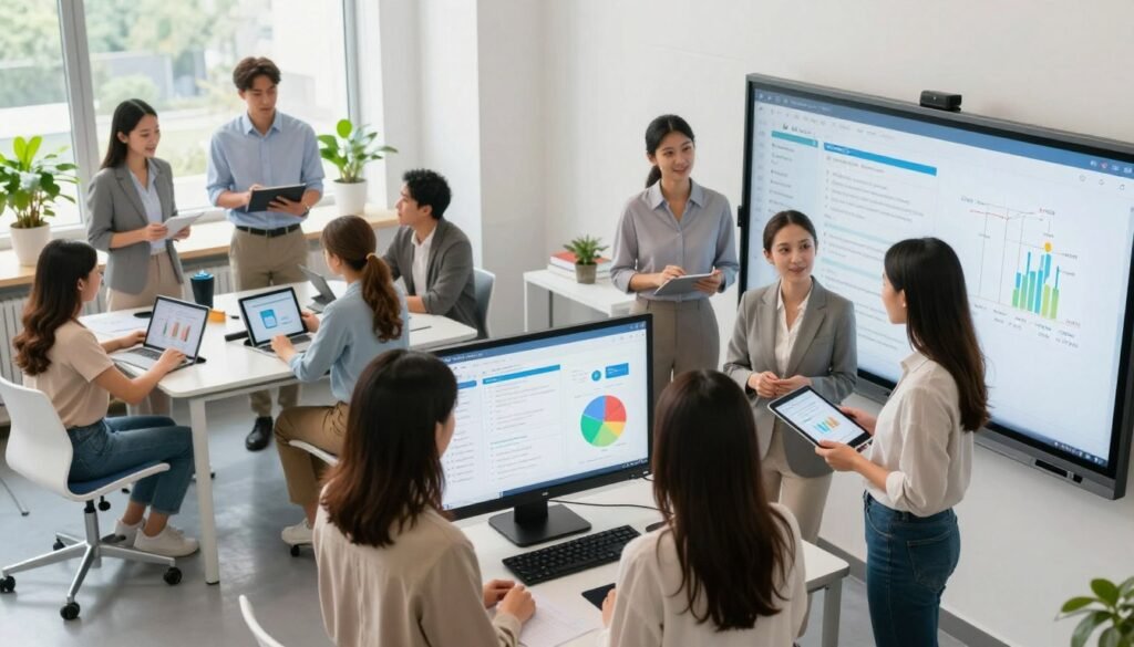A modern, collaborative classroom scene focused on educational technology optimization. In the foreground, a group of diverse teachers, dressed in professional attire, discuss strategies around a sleek, high-tech interactive digital whiteboard displaying data and charts. The middle layer features students engaged in hands-on learning with tablets and innovative learning tools, collaborating in small groups. In the background, large windows let in natural light, creating a bright, inspiring atmosphere with green plants enhancing the lively ambiance. The scene is framed from a slightly elevated angle, giving a comprehensive view of the dynamic educational environment, filled with energy and purpose, symbolizing the integration of technology in education. A modern, collaborative classroom scene focused on educational technology optimization. In the foreground, a group of diverse teachers, dressed in professional attire, discuss strategies around a sleek, high-tech interactive digital whiteboard displaying data and charts. The middle layer features students engaged in hands-on learning with tablets and innovative learning tools, collaborating in small groups. In the background, large windows let in natural light, creating a bright, inspiring atmosphere with green plants enhancing the lively ambiance. The scene is framed from a slightly elevated angle, giving a comprehensive view of the dynamic educational environment, filled with energy and purpose, symbolizing the integration of technology in education.