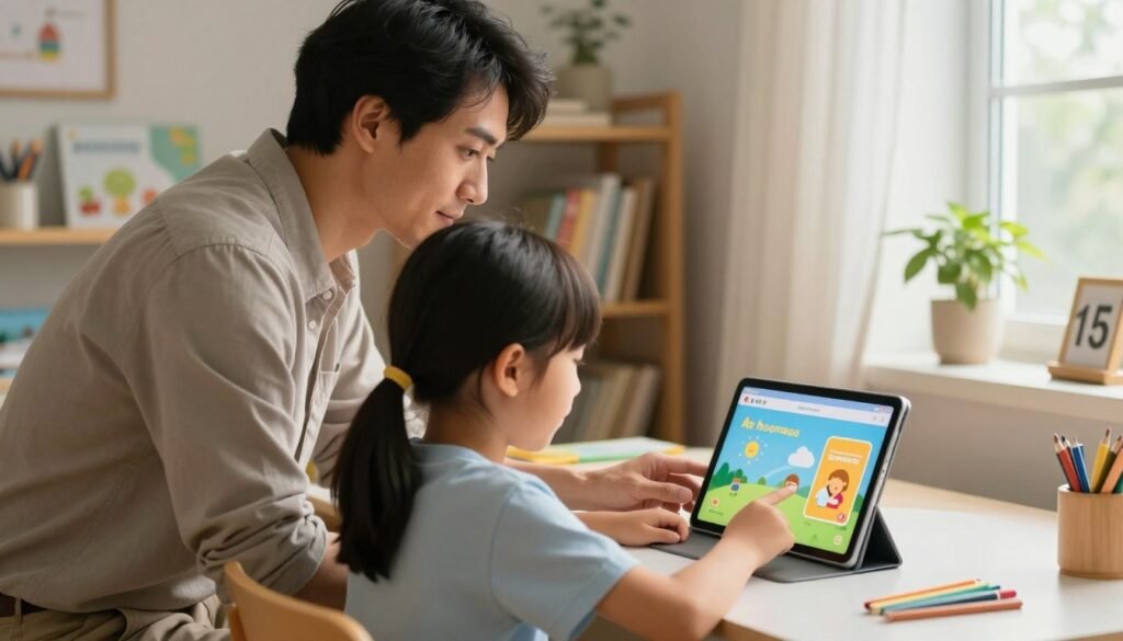 A thoughtful parent observing their child engaged with an educational AI tool at home. In the foreground, the parent, dressed in modest casual attire, is leaning over a desk, attentively watching while the child, around eight years old, interacts with a tablet displaying vibrant educational content. The background features a cozy home study with shelves of books and educational materials, softly illuminated by warm, natural light coming through a window. The atmosphere is nurturing and focused, highlighting the importance of parental involvement in education. The angle captures the connection between the parent and child, emphasizing a supportive learning environment. The scene reflects a balance of technology and personal engagement in education. A thoughtful parent observing their child engaged with an educational AI tool at home. In the foreground, the parent, dressed in modest casual attire, is leaning over a desk, attentively watching while the child, around eight years old, interacts with a tablet displaying vibrant educational content. The background features a cozy home study with shelves of books and educational materials, softly illuminated by warm, natural light coming through a window. The atmosphere is nurturing and focused, highlighting the importance of parental involvement in education. The angle captures the connection between the parent and child, emphasizing a supportive learning environment. The scene reflects a balance of technology and personal engagement in education.