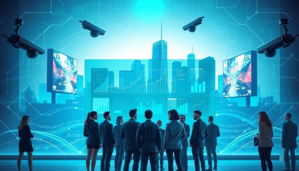 A visually striking illustration of user data tracking in a digital marketing context. In the foreground, a diverse group of professionals in smart business attire is gathered around a large, transparent screen displaying various analytics and graphs related to user behavior. In the middle ground, a city skyline with digital billboards reflects advertisements targeted based on data insights. The background consists of a vibrant, tech-inspired design with abstract patterns representing the flow of data. Soft, futuristic lighting in blue and green tones creates a sense of innovation and urgency. The angle is slightly elevated, providing a comprehensive overview of the scene while conveying an atmosphere of surveillance and advanced technology.