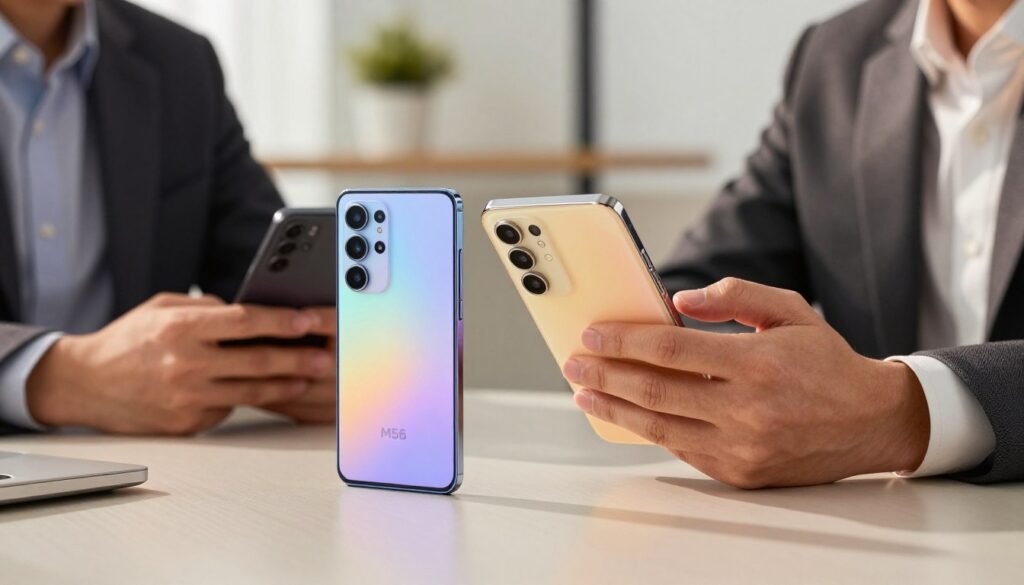 A modern, well-lit workspace showcasing a close-up of two smartphones, the Samsung M55 and POCO M6 Pro, placed side by side on a sleek desk. In the foreground, vibrant detail highlights each phone's distinct design features and logo. The middle ground includes a pair of hands in professional business attire, engaged in thoughtful comparison, with one smartphone held up for close examination. The background features blurred elements of a contemporary office environment, suggesting productivity and technology. Soft, natural lighting illuminates the scene, creating a warm, inviting atmosphere. The overall mood conveys a sense of user experience and thoughtful evaluation, emphasizing the practical aspects of smartphone usage.