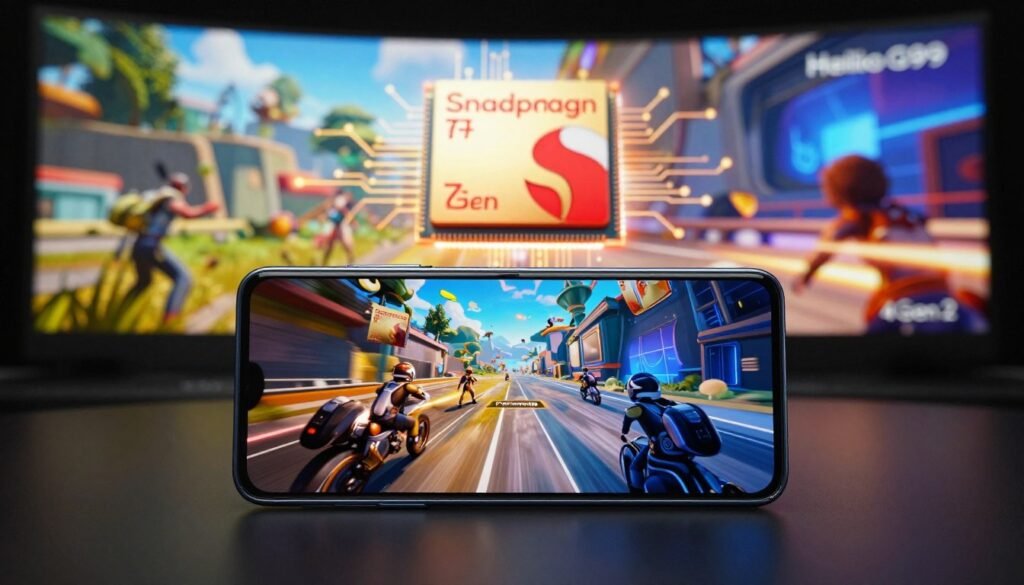 A sleek, modern smartphone sits prominently in the foreground, showcasing its advanced "Performa" chipset graphics on the screen with vibrant, immersive game scenes. The device's design features sharp lines and a glossy finish, reflecting high-end specifications. In the middle ground, an abstract representation of the Snapdragon 7 Gen 1 and Helio G99/Snapdragon 4 Gen 2 chipsets emerges, illustrated with intricate circuitry and glowing elements to signify performance. The background is a soft blur of gaming-themed visuals, such as digital landscapes and action scenes that convey excitement and high performance. The lighting is dramatic, with a focus on the smartphone's screen, creating an engaging atmosphere that highlights the theme of gaming power. The overall mood is dynamic and energetic, ideal for reflecting the competitive nature of smartphone gaming technology.
