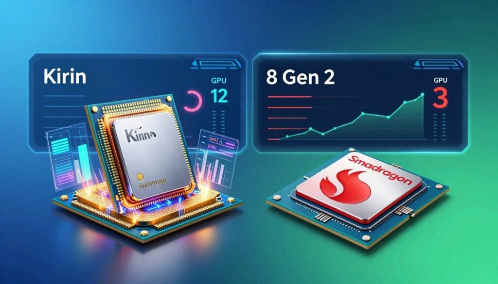 A visually striking comparison image illustrating the performance of CPU and GPU, featuring two distinct chipsets: Kirin and Snapdragon 8 Gen 2. In the foreground, showcase realistic 3D-rendered versions of the Kirin and Snapdragon chips, glowing with energy to represent their processing power, surrounded by dynamic visual elements like graphs and digital readouts. The middle ground contains a split view for each chipset, with sleek lines and a high-tech interface to emphasize performance metrics. The background should feature a subtle gradient of blue and green, evoking a futuristic atmosphere, with soft lighting to enhance the vibrant colors of the chipsets. Utilize a slight angled perspective for depth, ensuring the composition feels modern and engaging. A visually striking comparison image illustrating the performance of CPU and GPU, featuring two distinct chipsets: Kirin and Snapdragon 8 Gen 2. In the foreground, showcase realistic 3D-rendered versions of the Kirin and Snapdragon chips, glowing with energy to represent their processing power, surrounded by dynamic visual elements like graphs and digital readouts. The middle ground contains a split view for each chipset, with sleek lines and a high-tech interface to emphasize performance metrics. The background should feature a subtle gradient of blue and green, evoking a futuristic atmosphere, with soft lighting to enhance the vibrant colors of the chipsets. Utilize a slight angled perspective for depth, ensuring the composition feels modern and engaging.